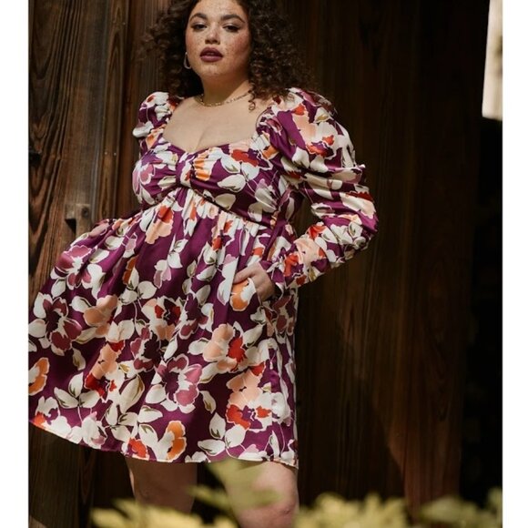 Eloquii Sweetheart Neckline Floral‎ Purple Long Sleeve Plus Mini Short Dress 16 - Picture 1 of 12